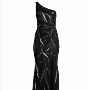 Aidan Mattox Black One-Shoulder Sequin Evening Gown